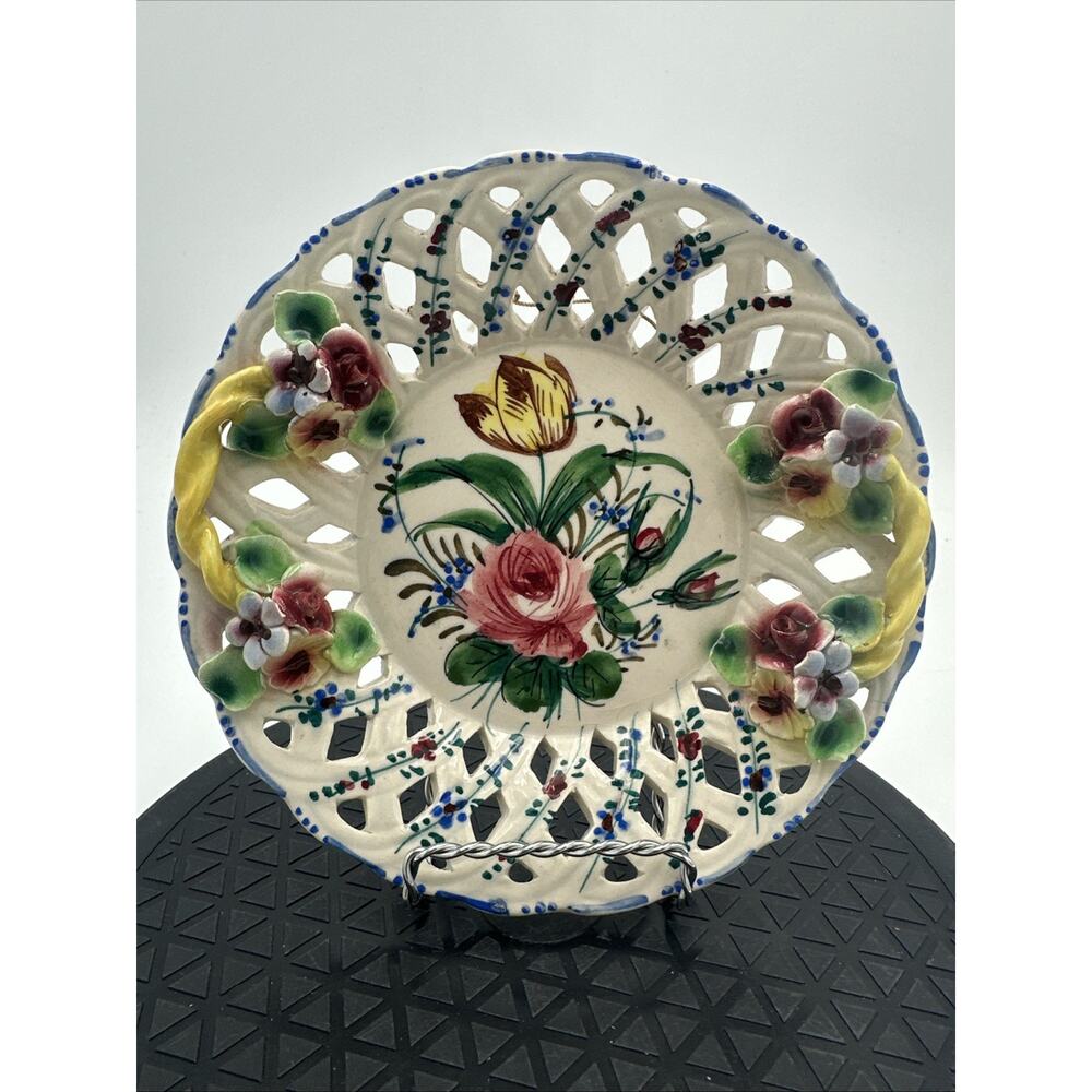 Vintage Floral Lattice Decorative Wall Plate Capodimonte Style Hand Painted